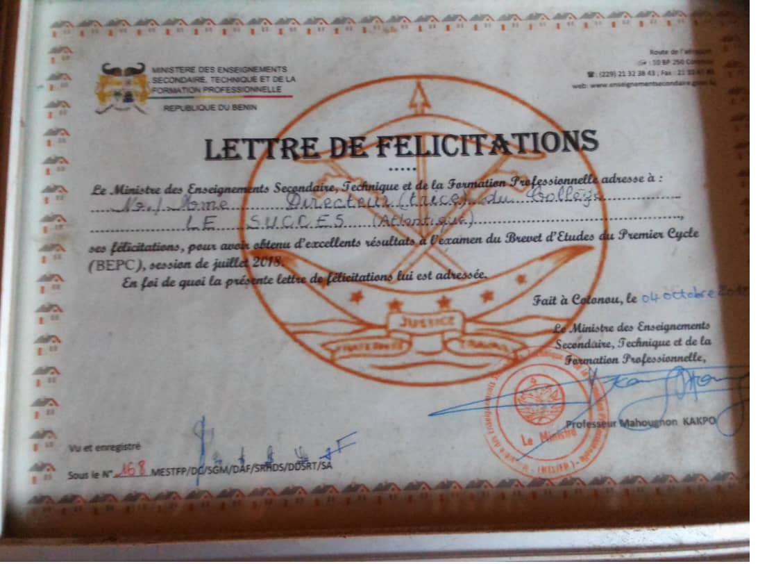 Lettre de félicitations du Ministère, BEPC 2018